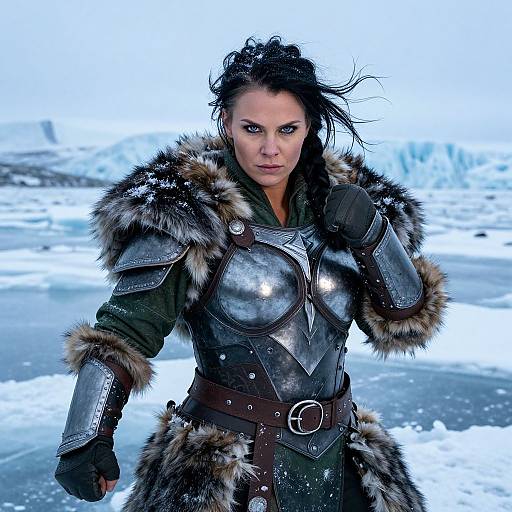 Fierce Woman Viking Warrior in Detailed Armor with Fur on Ice Landscape