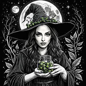 Mystical Witch Holding Jar of Green Berries Under Full Moon Illustration