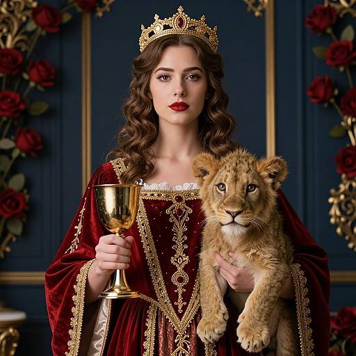 Regal Woman in Medieval Gown Holding Golden Chalice and Lion Cub