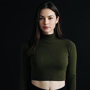 Young Woman in Olive Green Ribbed Turtleneck Crop Top Portrait