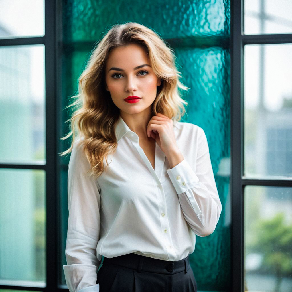 Confident young woman in white blouse and black trousers