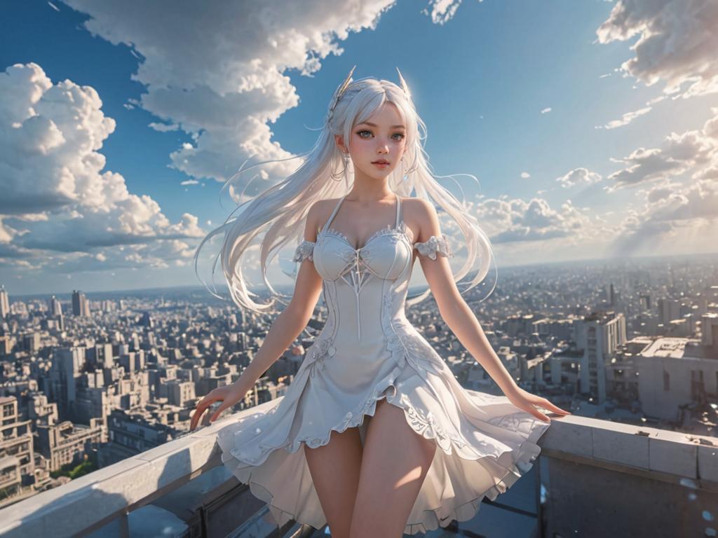 Cute Anime Girl in White Dress with Skyline