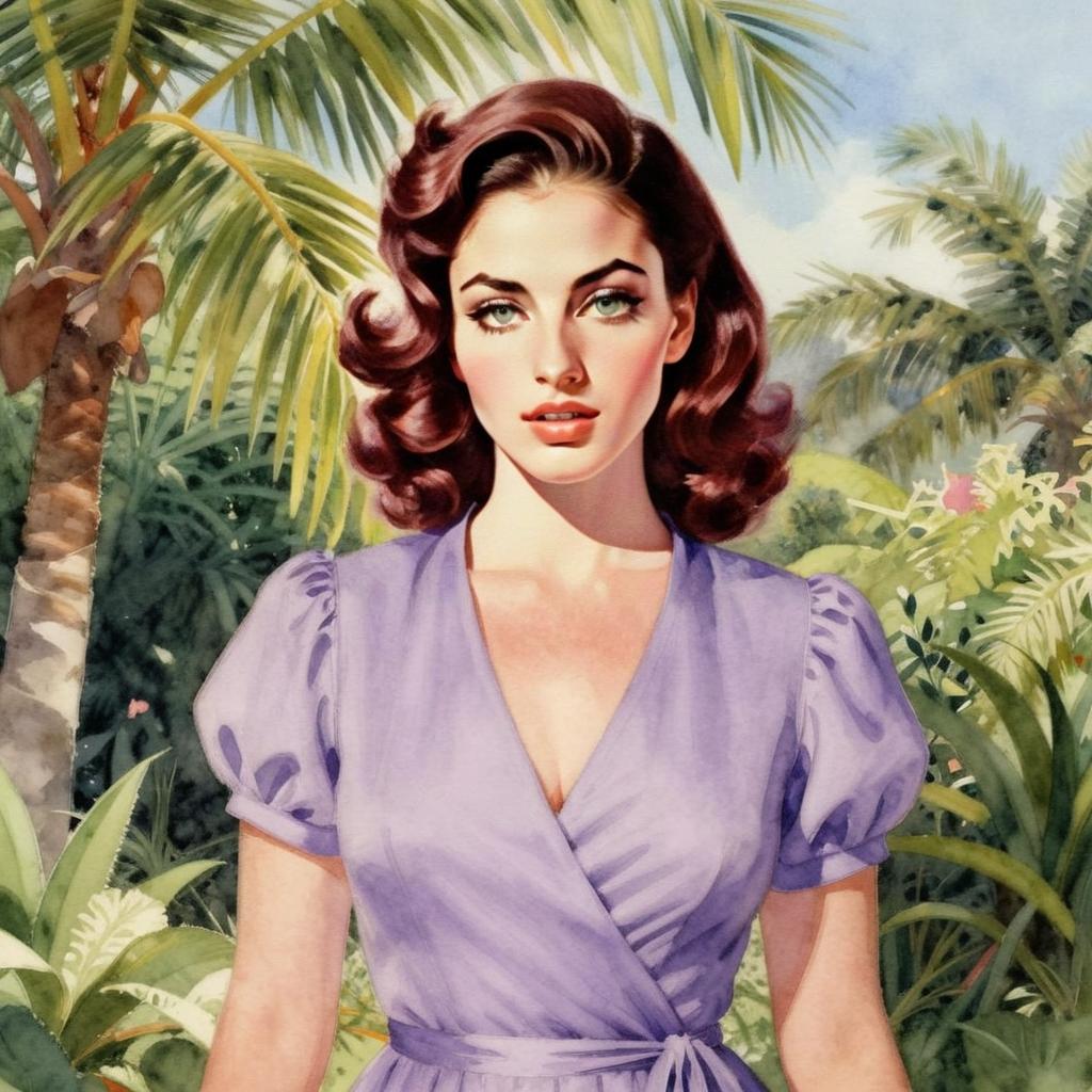 Vintage Pin-Up Style Woman in Lavender Dress with Tropical Background