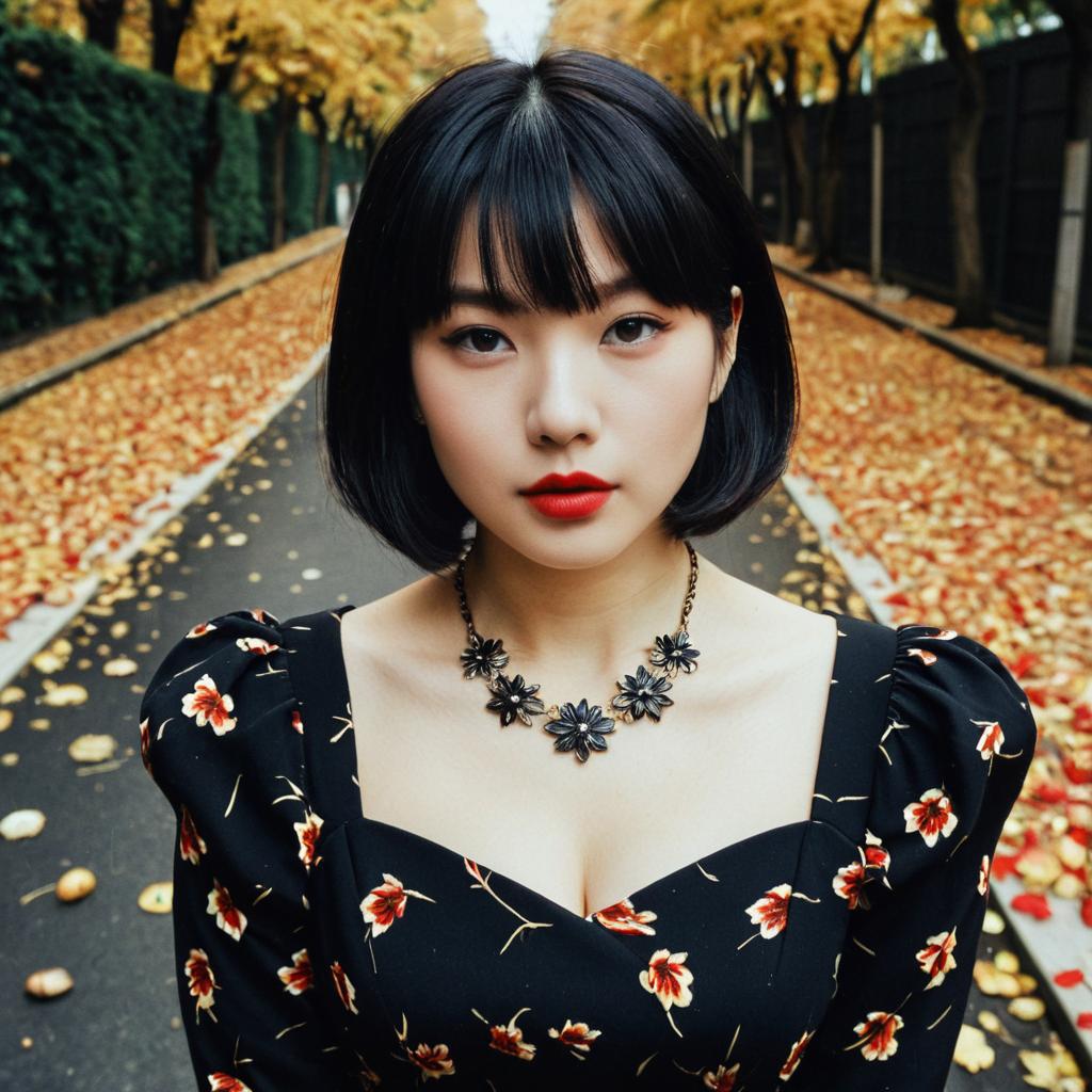 Elegant Asian Woman in Black Floral Dress on Autumn Path