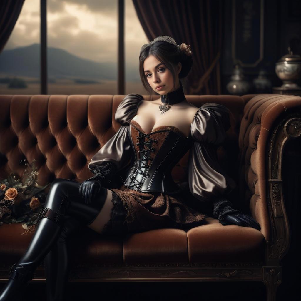 Elegant Steampunk Woman on Vintage Sofa Elegant Steampunk Woman on Vintage Sofa