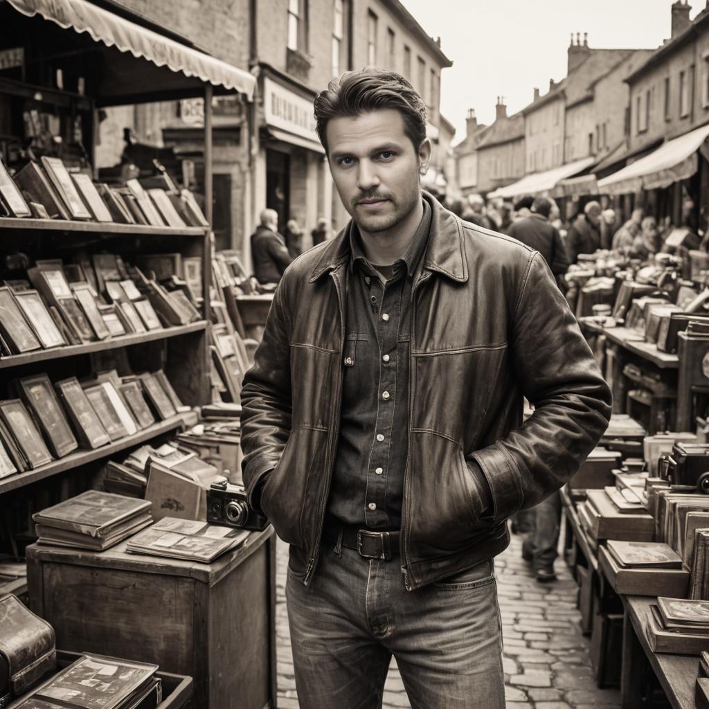 Stylish Man in Leather Jacket at Book Market