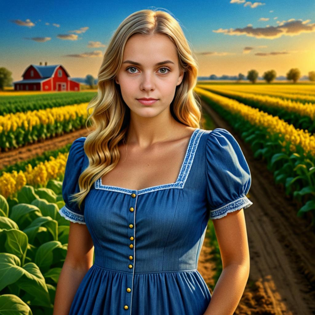 Young Woman in Green Field with Red Barn