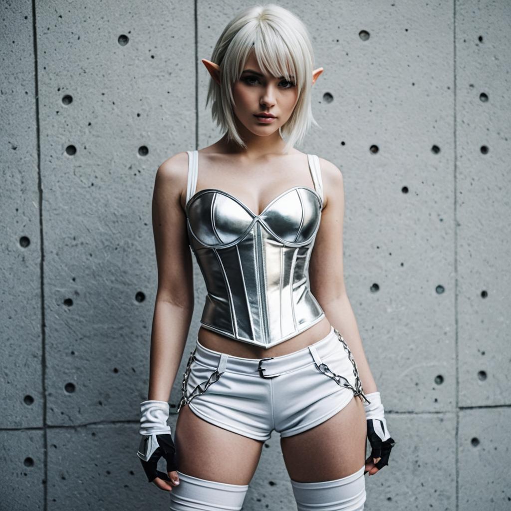 Futuristic Elf Woman in Silver Corset and White Shorts Cosplay