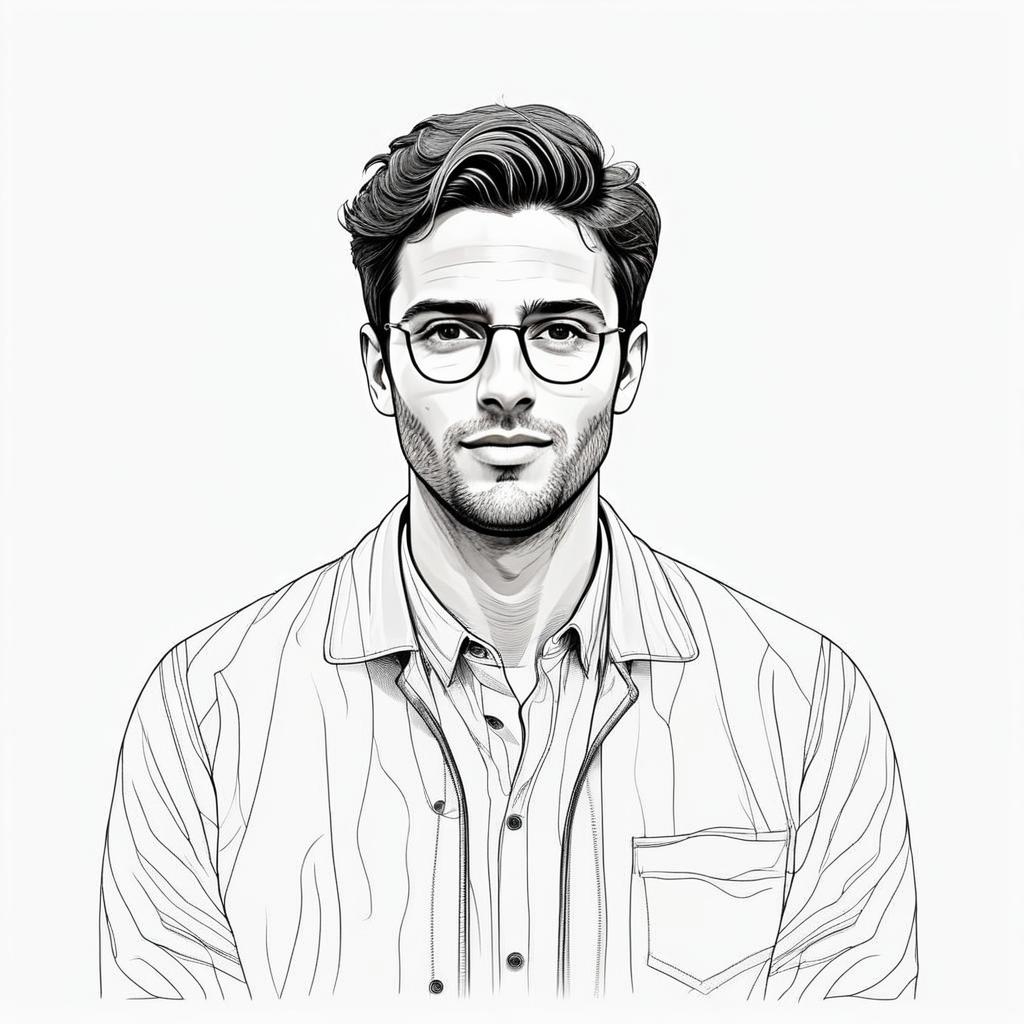 Black-and-white sketch of man in glasses and striped shirt
