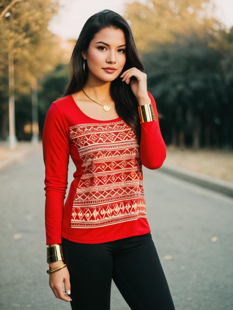 Woman Wearing Casual Red Long Sleeve Graphic Print Top with Scoop Neck