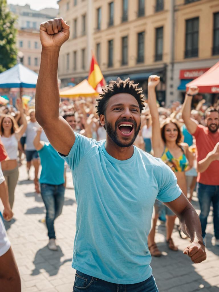 Joyous man celebrating victory in a crowd