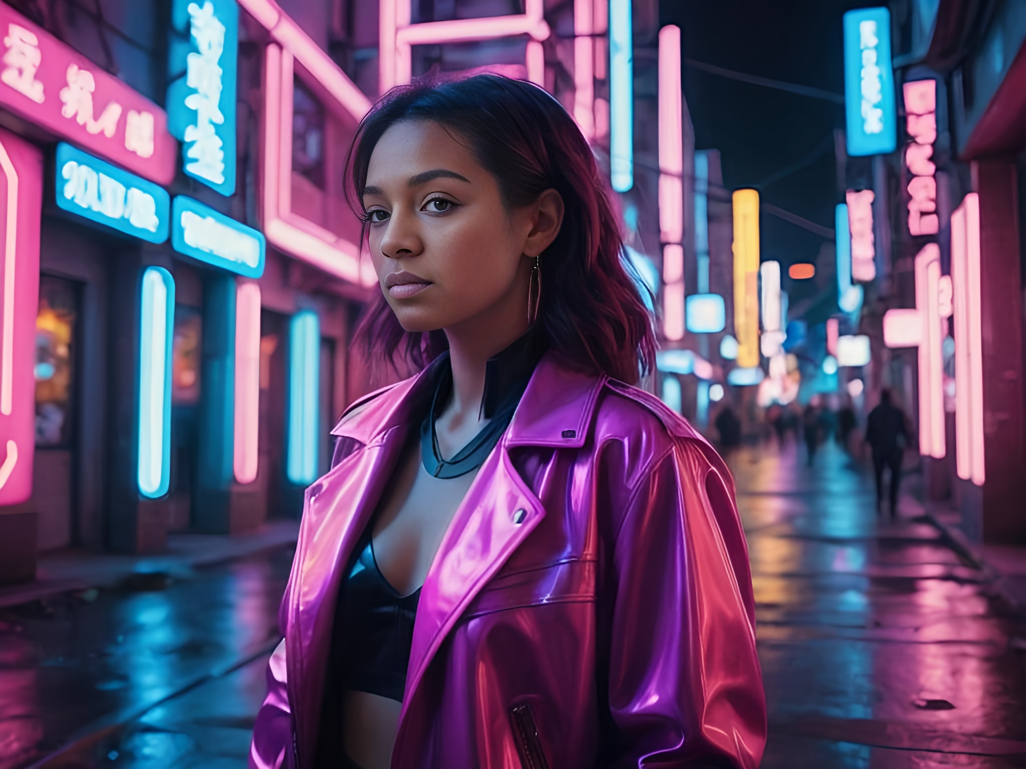 Stylish woman in pink metallic jacket with neon lights