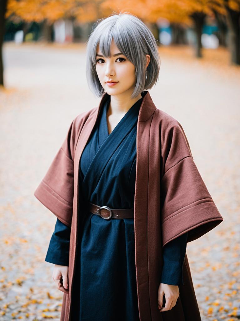 Woman in Traditional Japanese Kimono with Silver Hair in Autumn