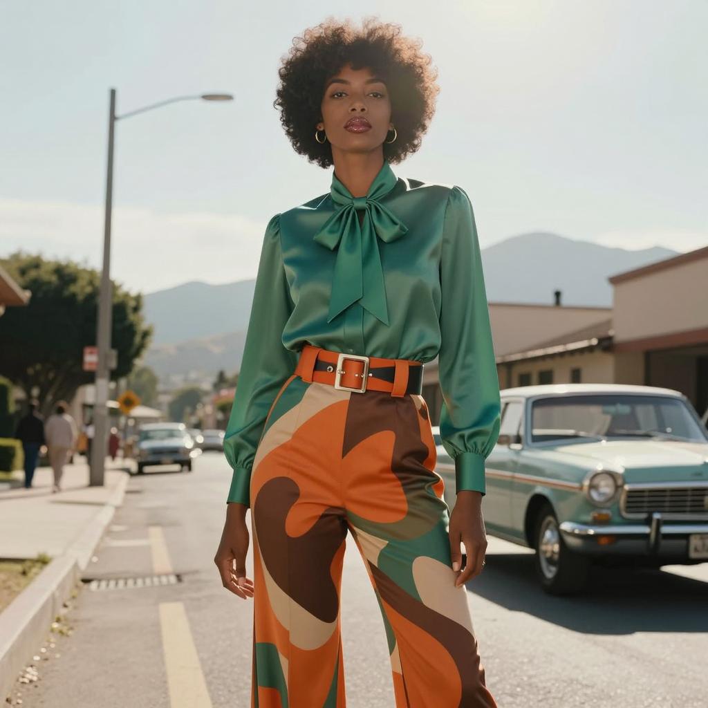 Retro Inspired Fashion Portrait of Woman in Green Blouse and Abstract Patterned Pants