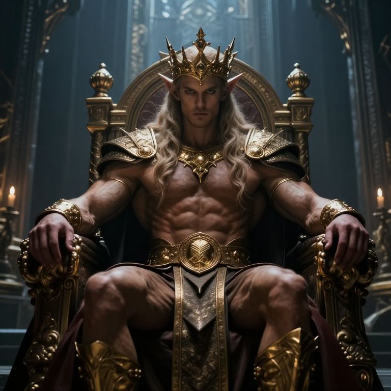 Muscular Elf King Sitting on Ornate Golden Throne in Fantasy Setting