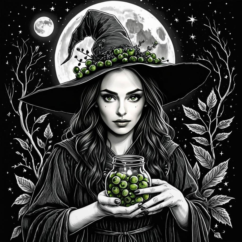 Mystical Witch Holding Jar of Green Berries Under Full Moon Illustration