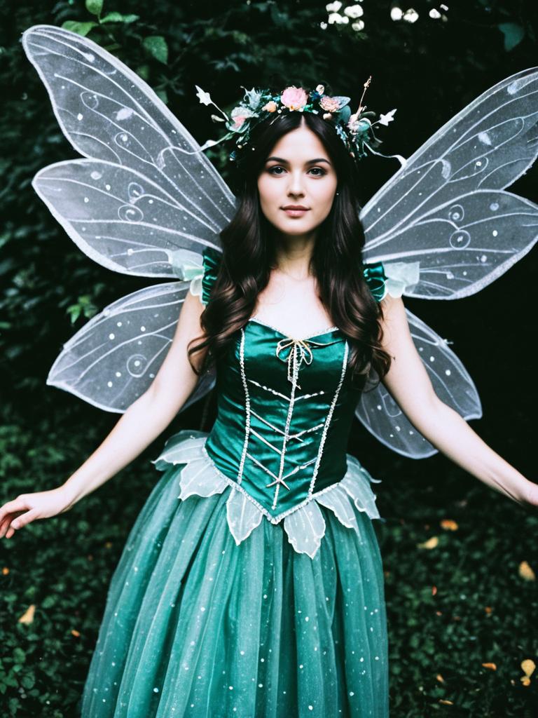 Enchanting Fairy Costume Woman with Wings in Forest Setting