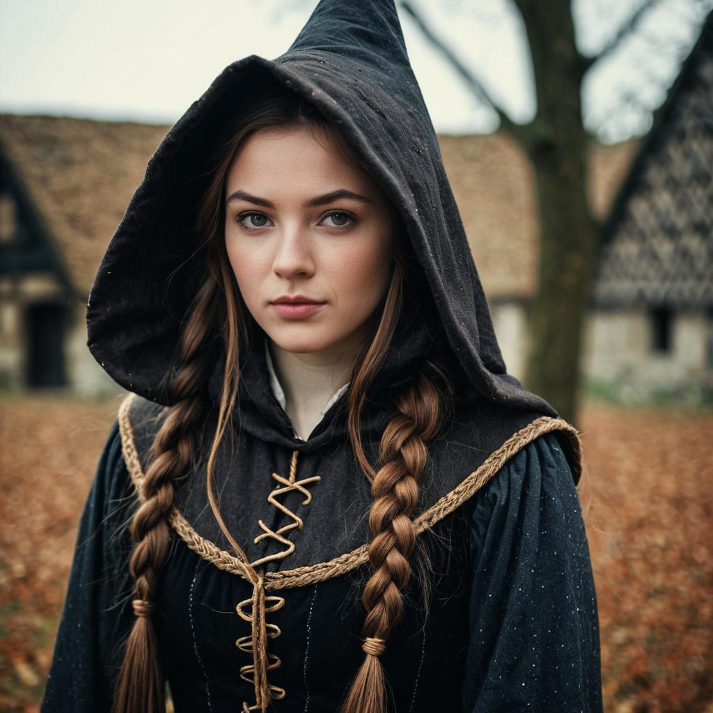 Medieval Witch Costume Woman with Long Brown Braided Hair Realistic
