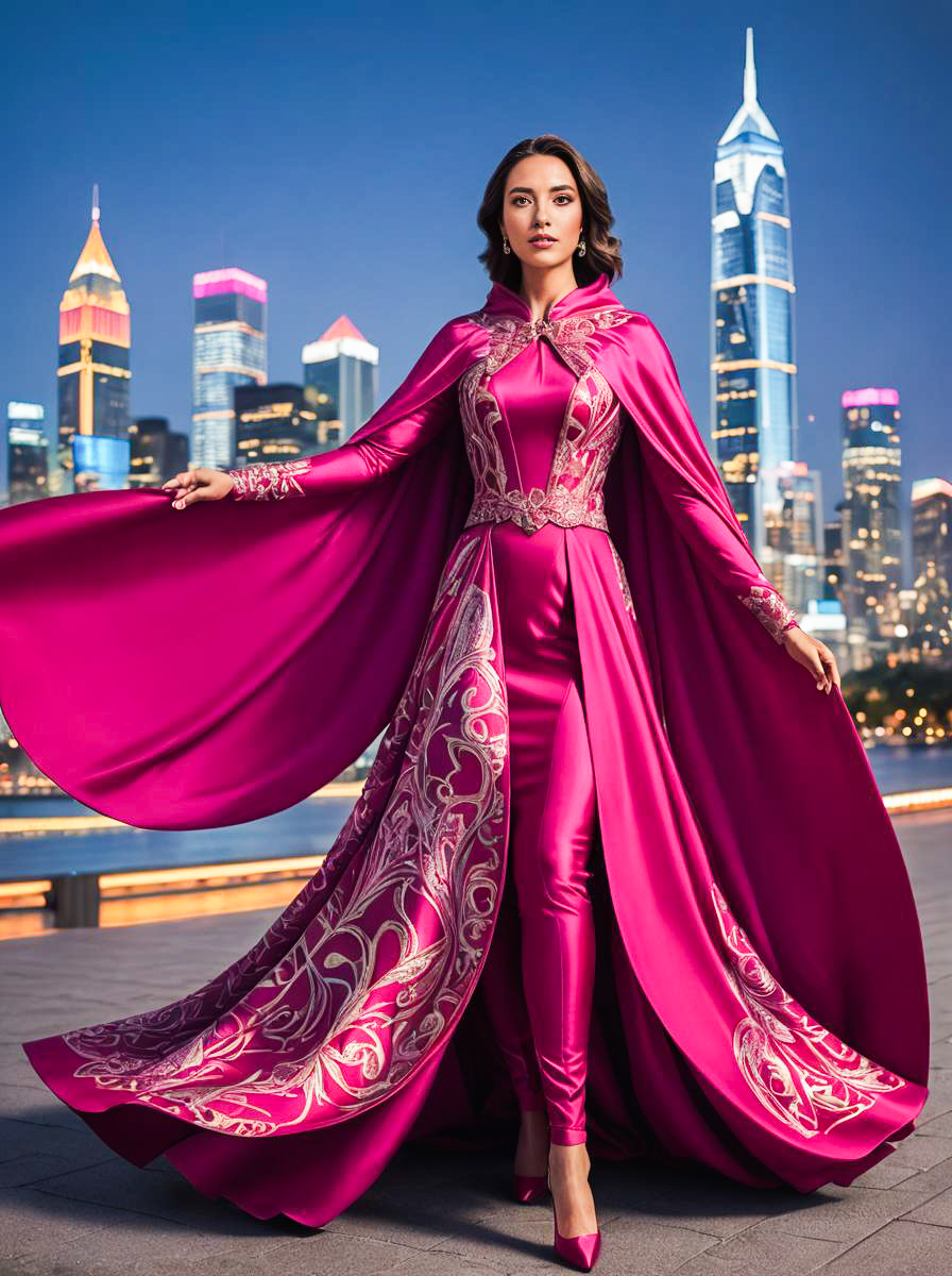 Woman in Cerise Costume Against City Skyline