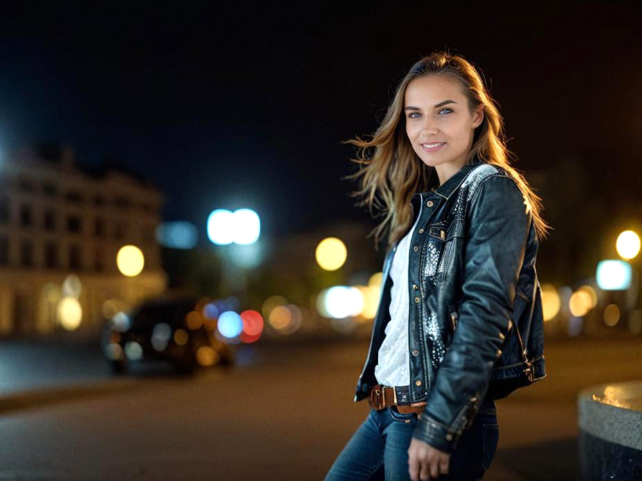 Stylish Young Woman in Urban Night Setting