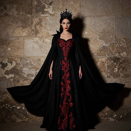 Dark Queen Woman in Gothic Black Gown with Red Embroidery and Crown