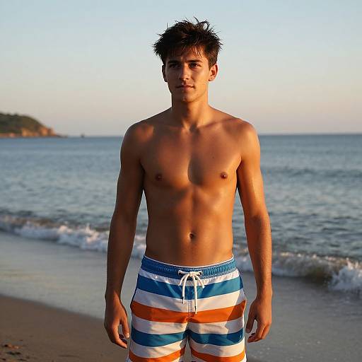 Shirtless Young Man on Beach Wearing Striped Swim Trunks at Sunset