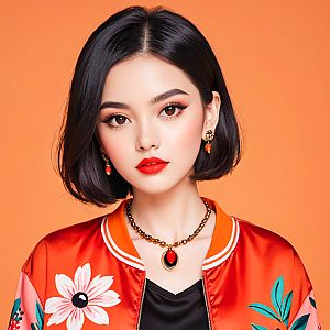 Stylish Young Woman in Orange Floral Jacket