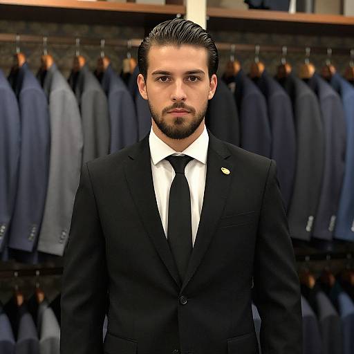 Confident Man in Black Suit Posing in Menswear Store