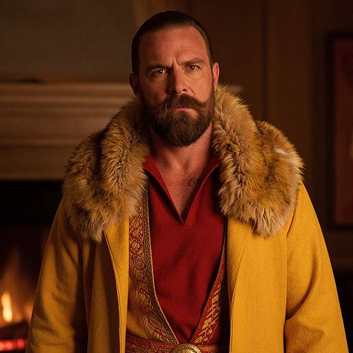 Man in Ornate Yellow Fur-Collared Robe with Red Embroidered Garment