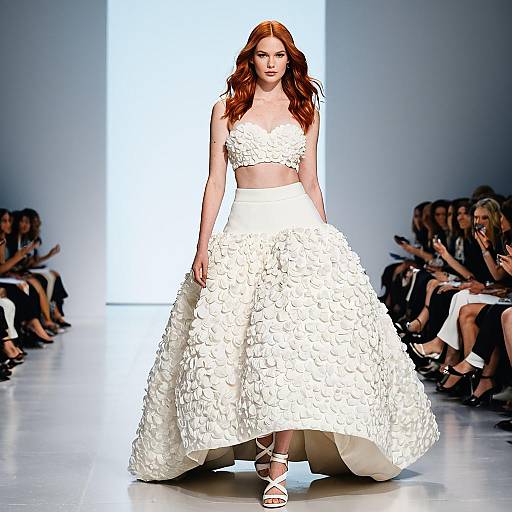 Red-haired Model in White Floral Textured Two-Piece Couture Gown on Runway