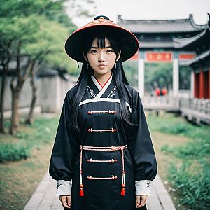 Young Woman in Traditional Black Outfit in Garden
