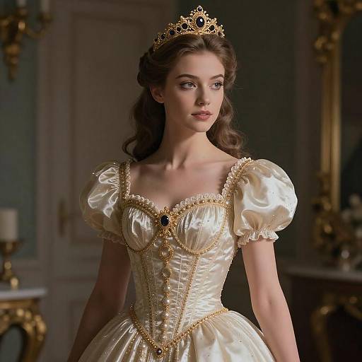 Elegant Young Woman in Vintage Satin Gown with Gold Tiara