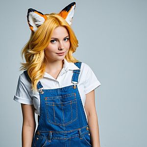 Young Woman in Denim Overalls and Fox Ears Headband Realistic Portrait