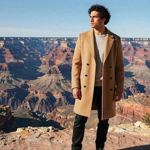 Stylish Man Wearing Camel Overcoat at Grand Canyon Overlook