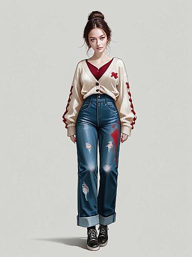 Realistic Full Body Portrait of Woman in Casual Chic Outfit with Distressed Jeans