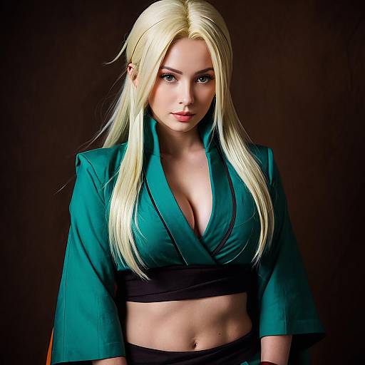 Portrait of Woman with Platinum Blonde Hair in Teal Crop Top Realistic Photo