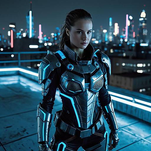 Futuristic Woman in Cyberpunk Armor on Neon-Lit Rooftop