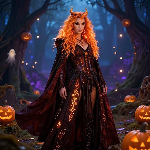 Halloween Witch with Glowing Runes in Enchanted Forest