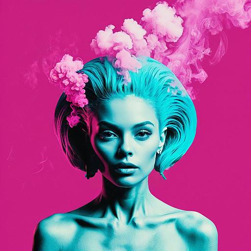 Surreal Pop Art Portrait of Woman with Cyan Hair and Pink Smoke