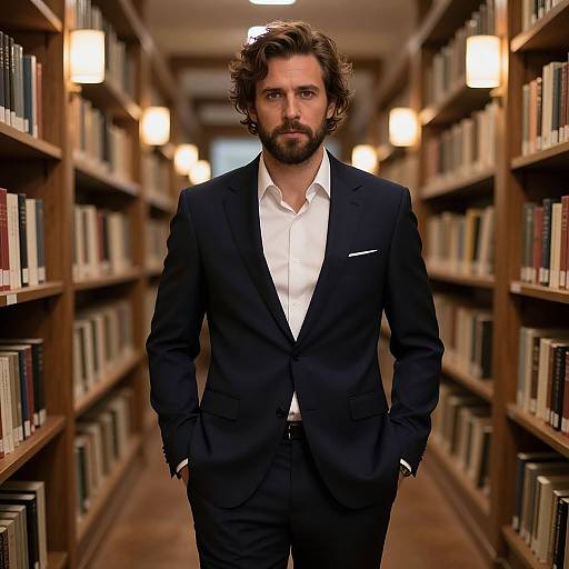 Confident Man in Navy Suit Standing in Library Aisle