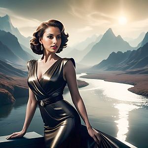 Elegant Woman in Glamorous Dress Against Mountain Landscape