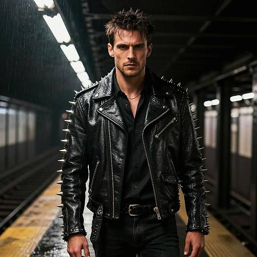 Man Wearing Spiked Black Leather Jacket in Rainy Subway Station