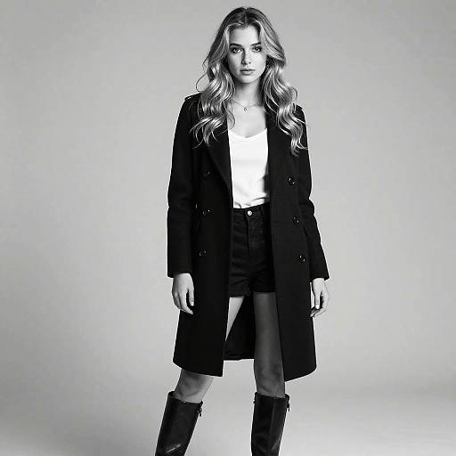 Elegant Woman in Black Coat and Knee-High Boots Fashion Portrait