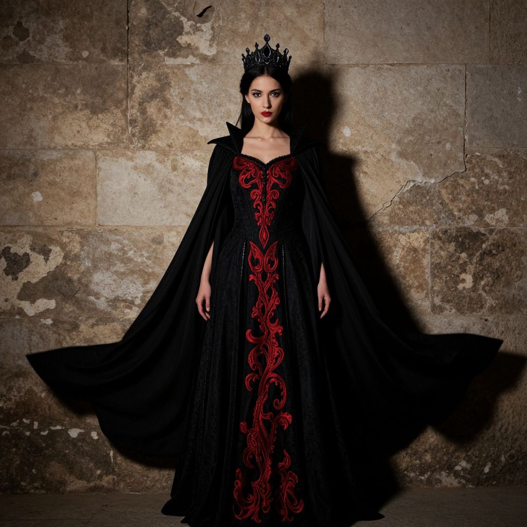 Dark Queen Woman in Gothic Black Gown with Red Embroidery and Crown