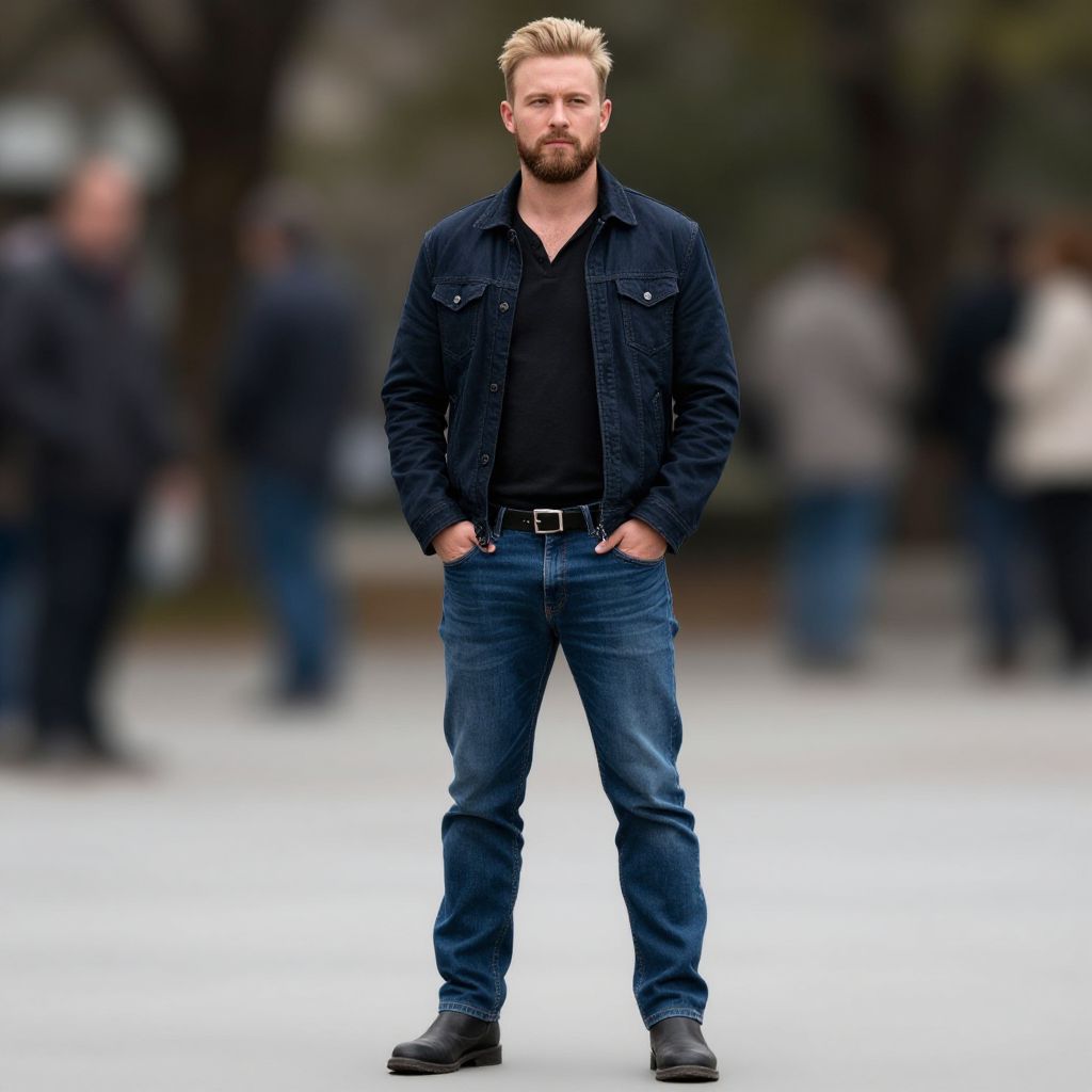Blond Man Standing Confidently in Urban Setting Wearing Denim Jacket and Jeans