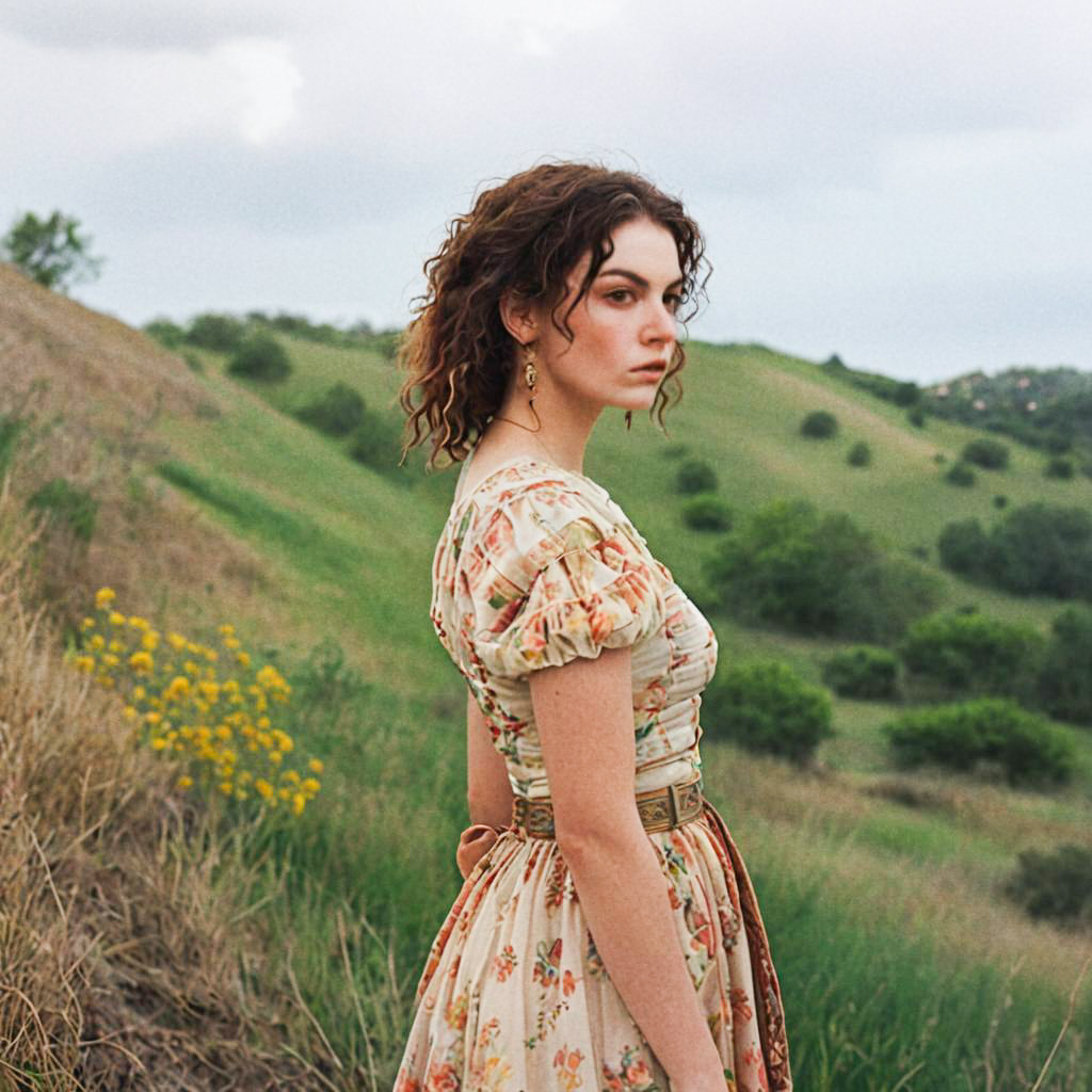 Young Woman in Floral Dress in Scenic Landscape