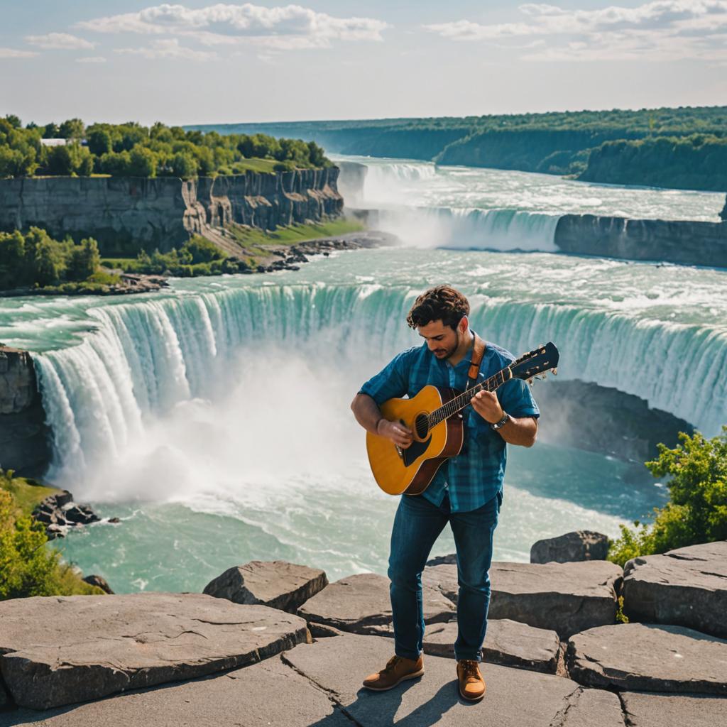 Man Playing Acoustic Guitar by Waterfall