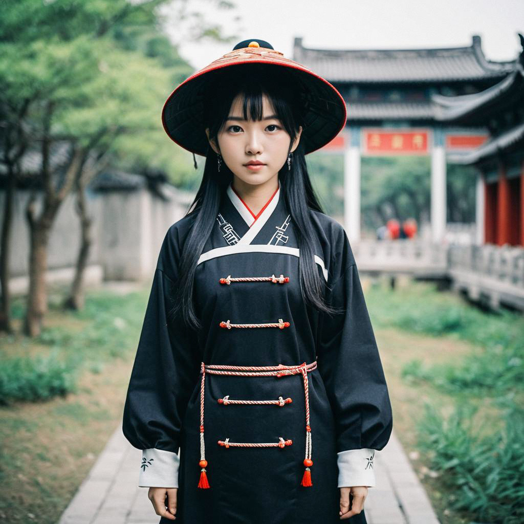 Young Woman in Traditional Black Outfit in Garden Young Woman in Traditional Black Outfit in Garden