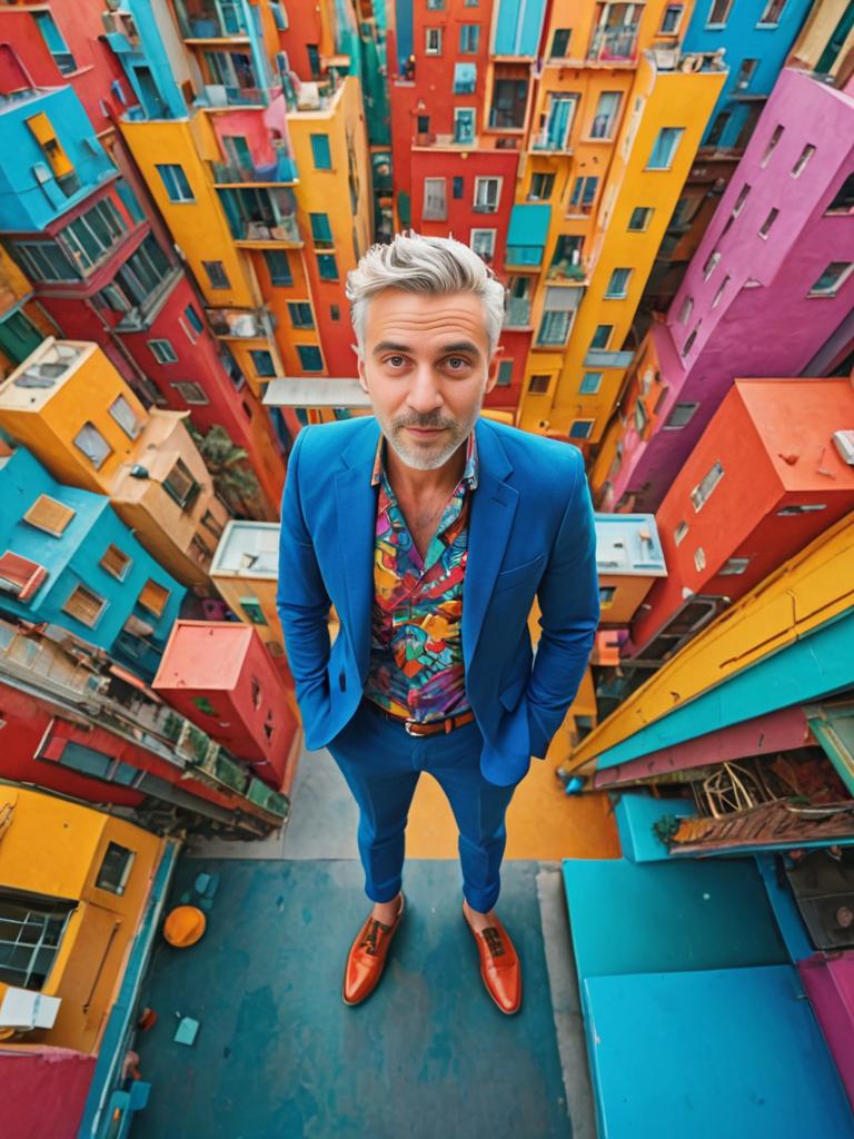 Stylish Man in Vibrant Blue Suit Against Colorful Backdrop