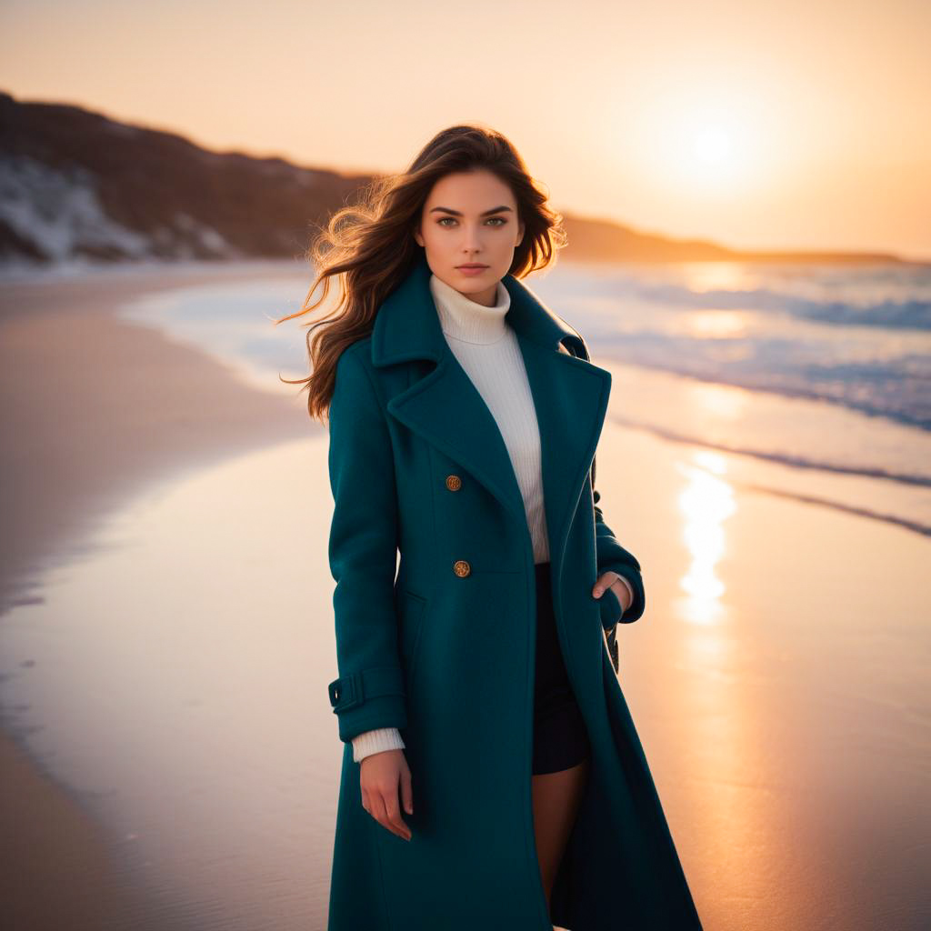 Confident Woman in Teal Coat at Sunset Beach